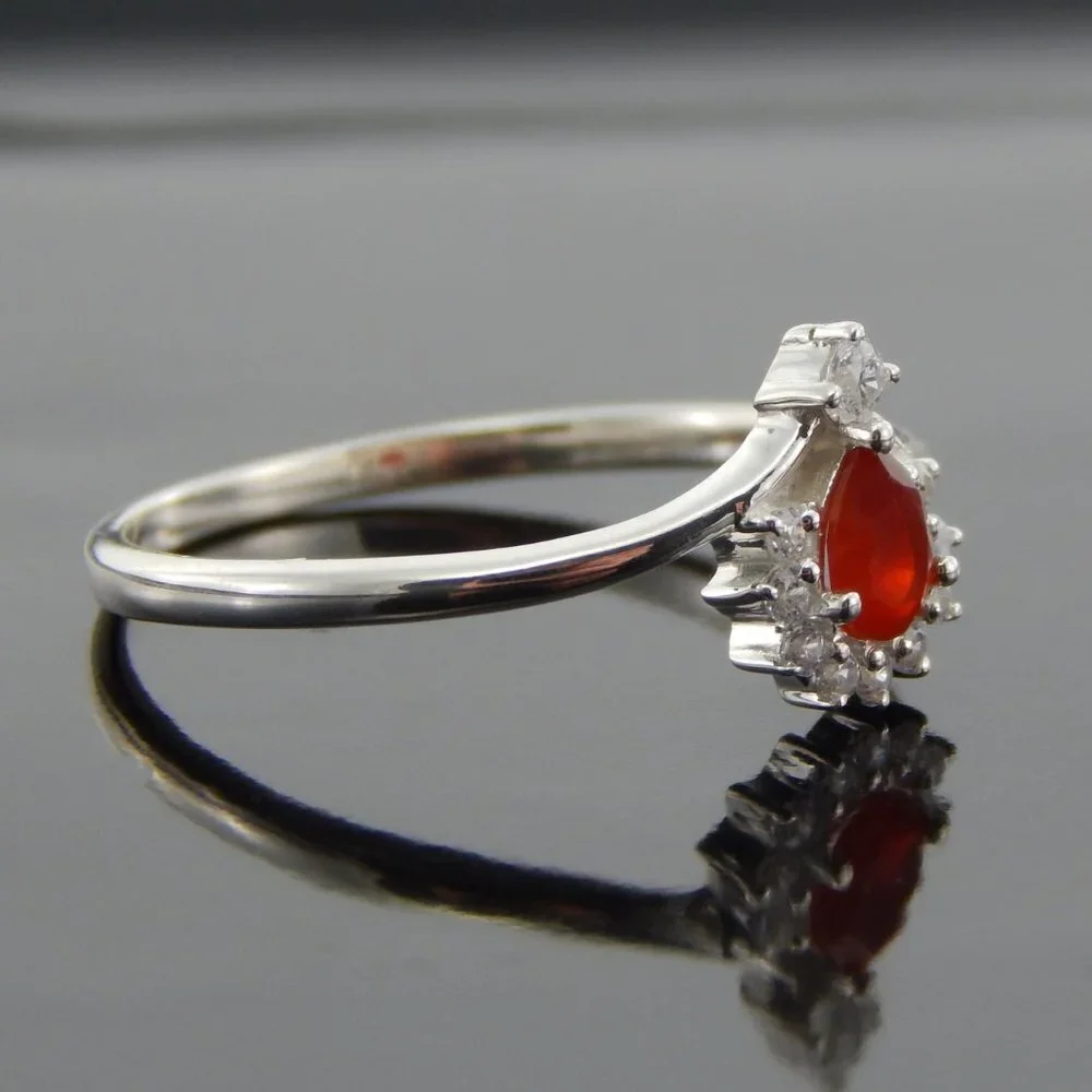 Genuine Mexican Fire Opal Pear Cut Ring in 925 Silver